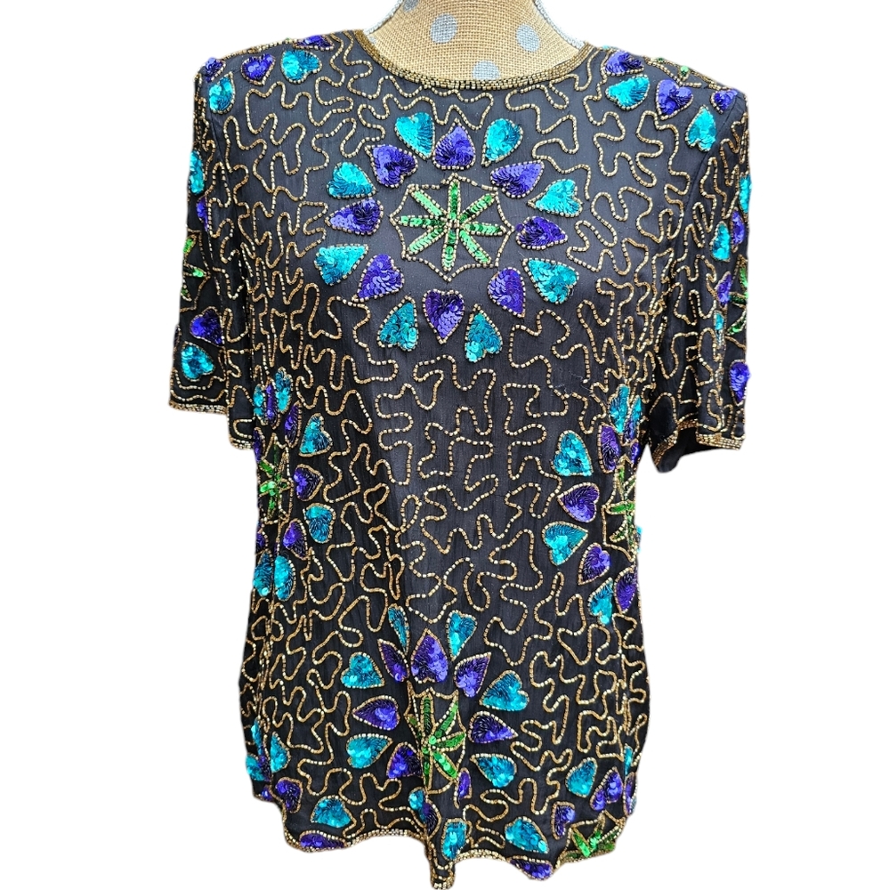 Vintage silk beaded top XL extra large by Sténay Stenay sequin new years